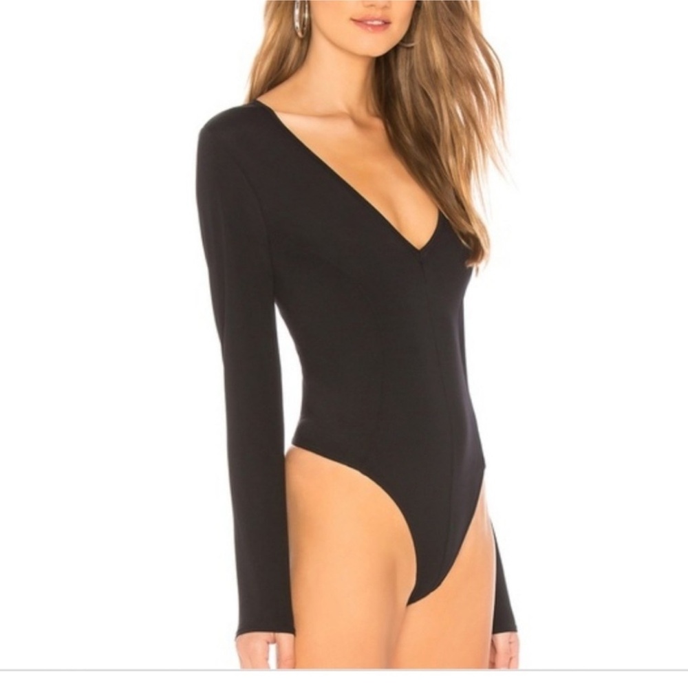 Free people black long sleeve deep V neck‎ bodysuit boho casual sexy size large